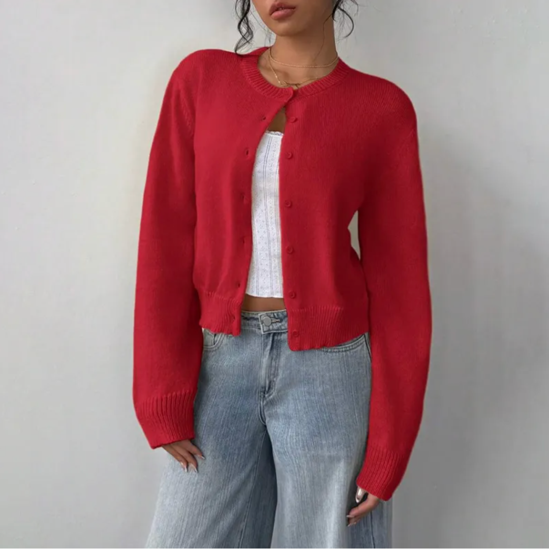Caitriona – Women's Cropped Crewneck Button-Front Cardigan