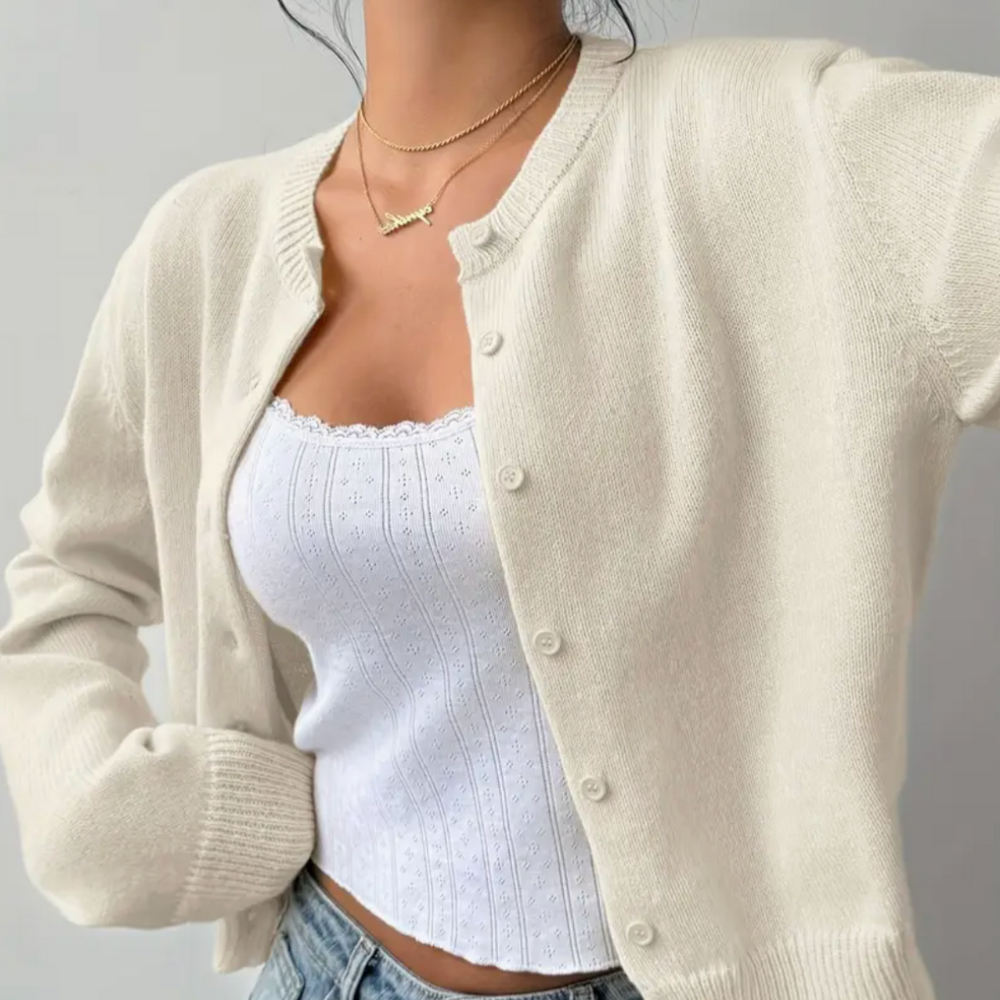 Caitriona – Women's Cropped Crewneck Button-Front Cardigan