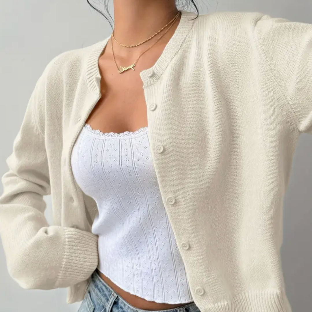 Caitriona – Women's Cropped Crewneck Button-Front Cardigan