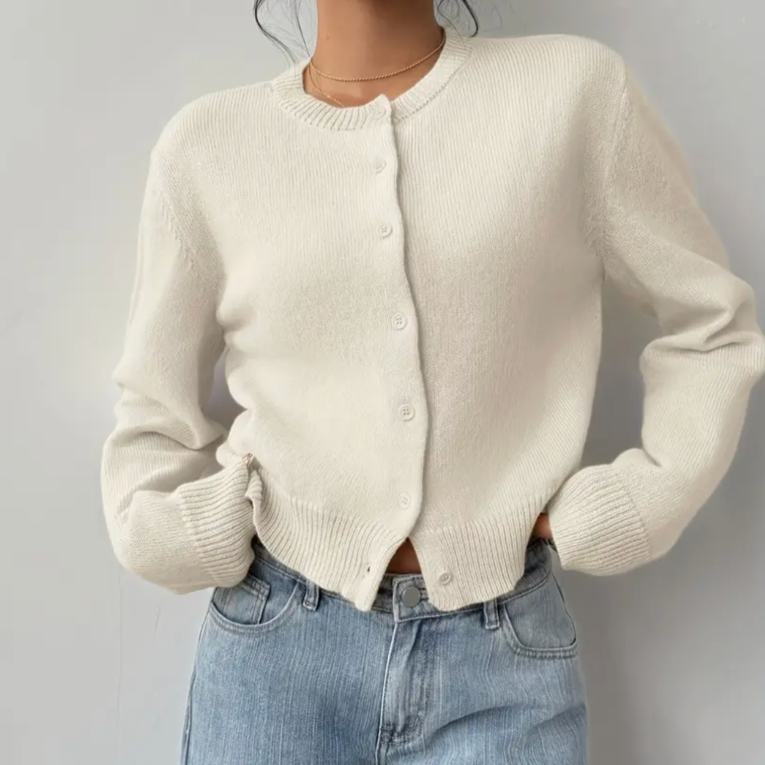 Caitriona – Women's Cropped Crewneck Button-Front Cardigan