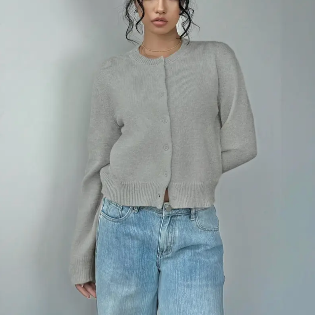 Caitriona – Women's Cropped Crewneck Button-Front Cardigan