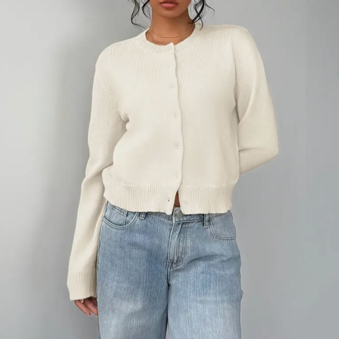 Caitriona – Women's Cropped Crewneck Button-Front Cardigan