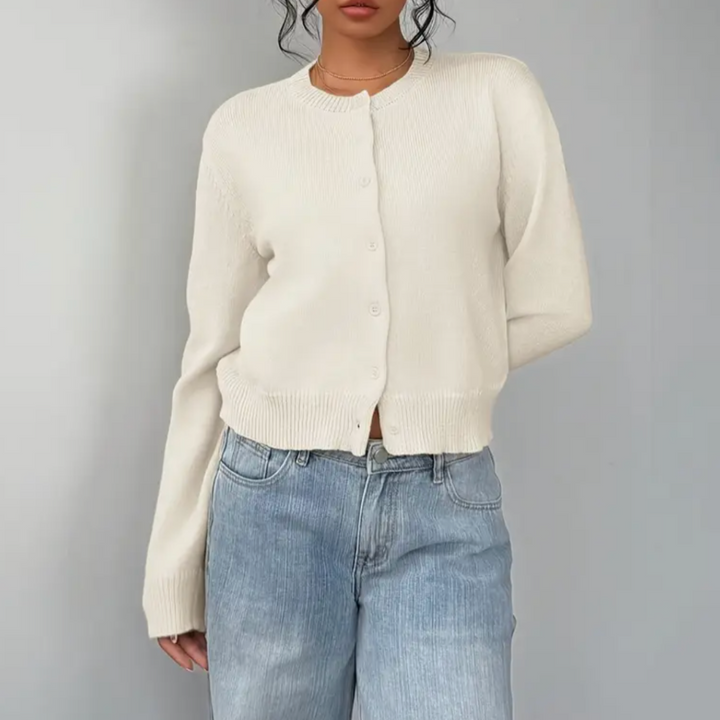 Caitriona – Women's Cropped Crewneck Button-Front Cardigan