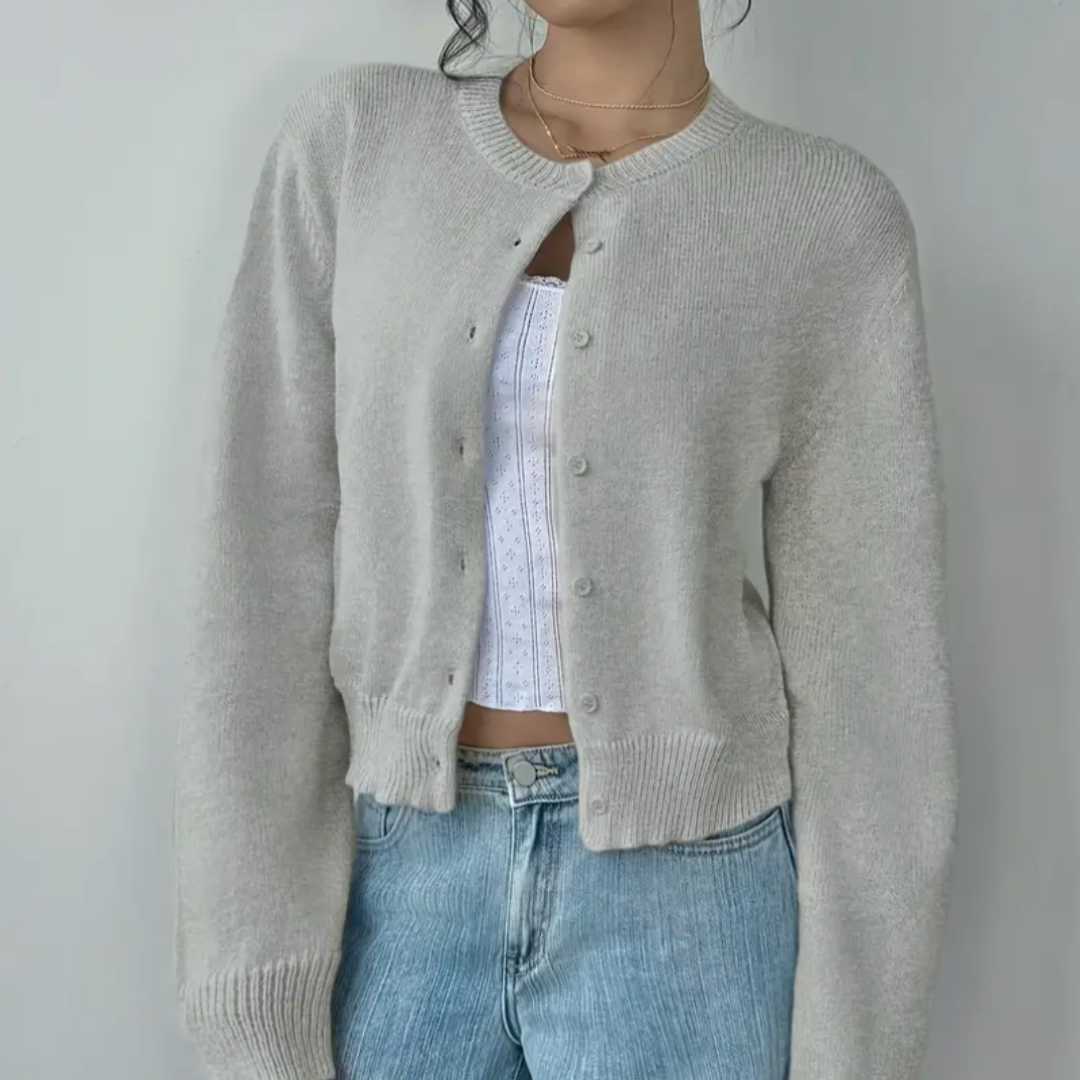 Caitriona – Women's Cropped Crewneck Button-Front Cardigan
