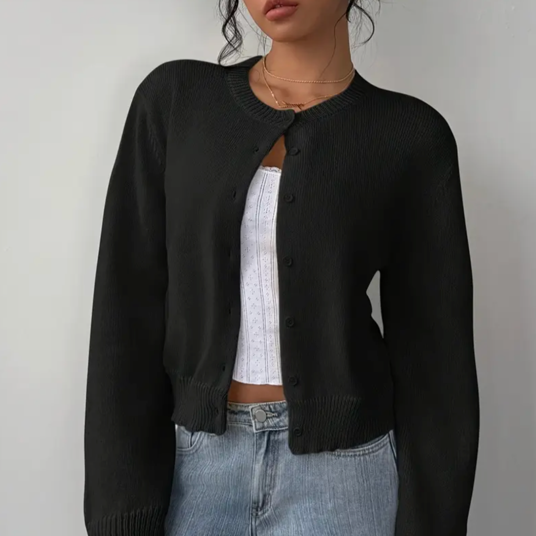 Caitriona – Women's Cropped Crewneck Button-Front Cardigan