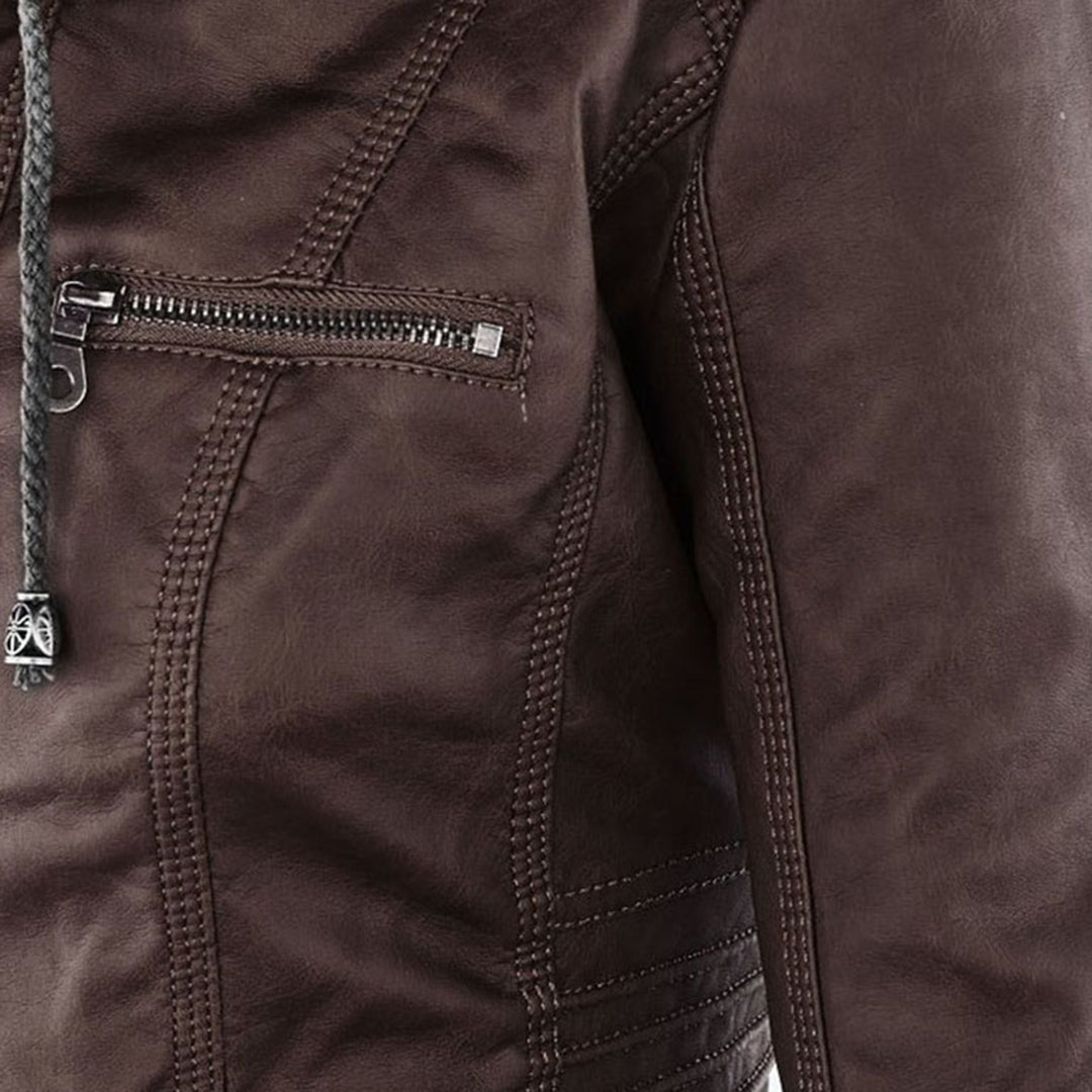 Logan – Leather-Look Hooded Moto Jacket with Removable Hood
