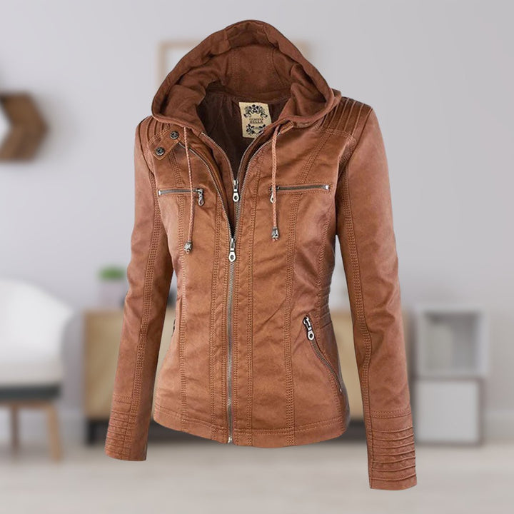 Logan – Leather-Look Hooded Moto Jacket with Removable Hood