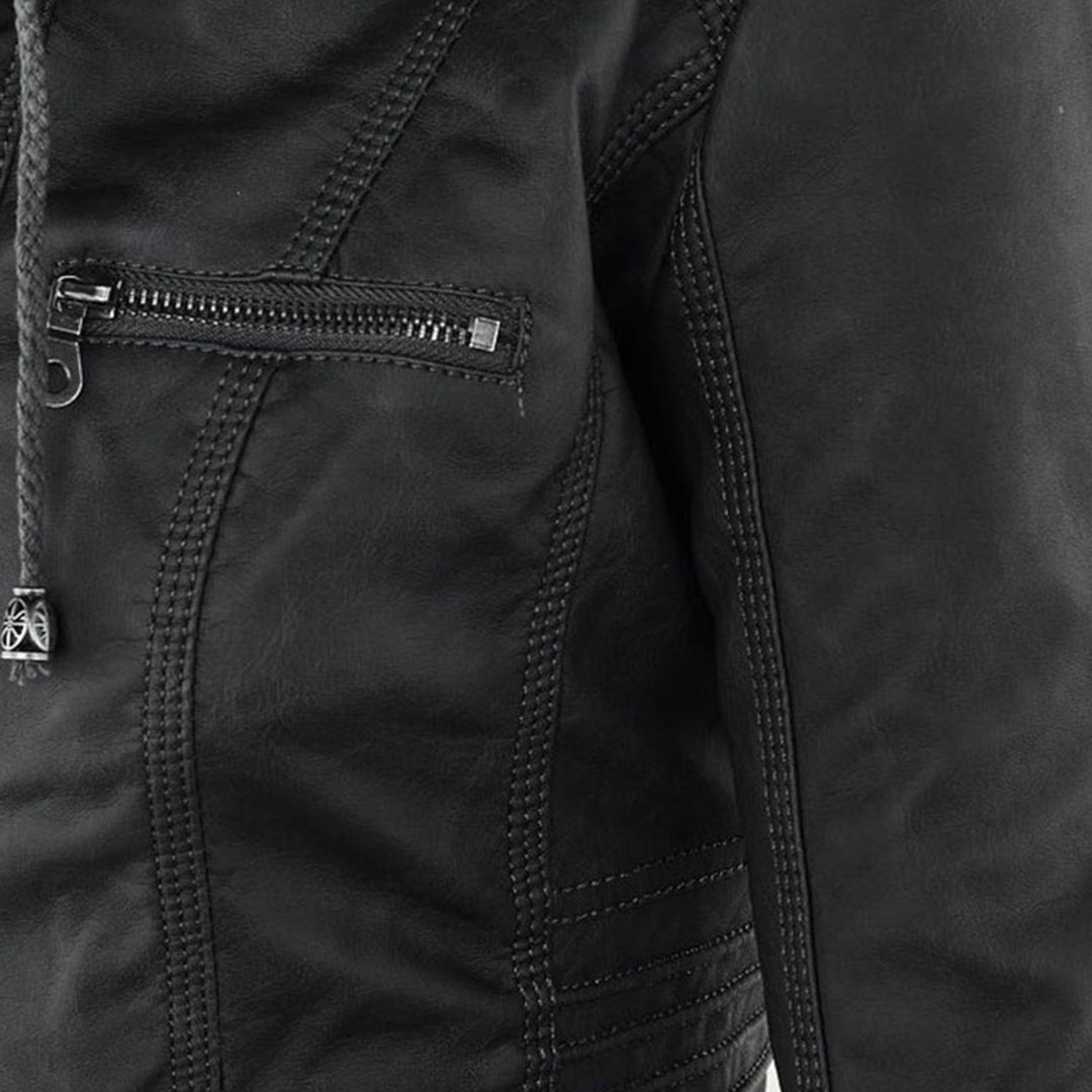 Logan – Leather-Look Hooded Moto Jacket with Removable Hood