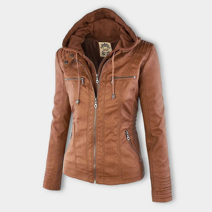 Logan – Leather-Look Hooded Moto Jacket with Removable Hood