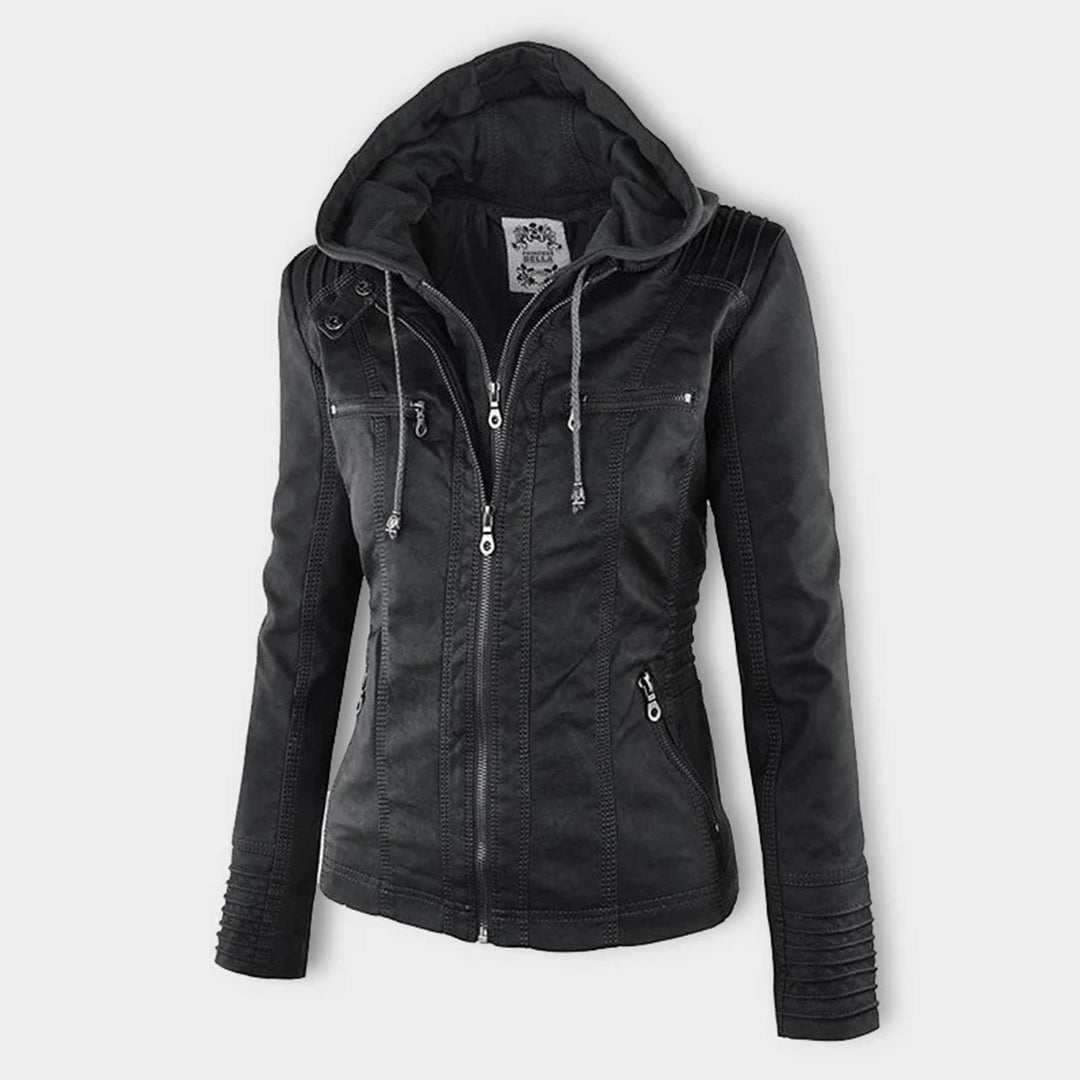 Logan – Leather-Look Hooded Moto Jacket with Removable Hood