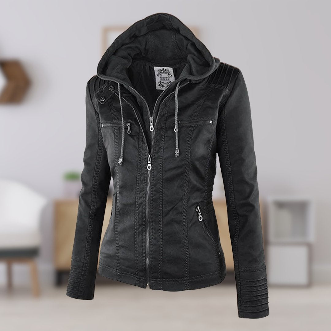 Logan – Leather-Look Hooded Moto Jacket with Removable Hood