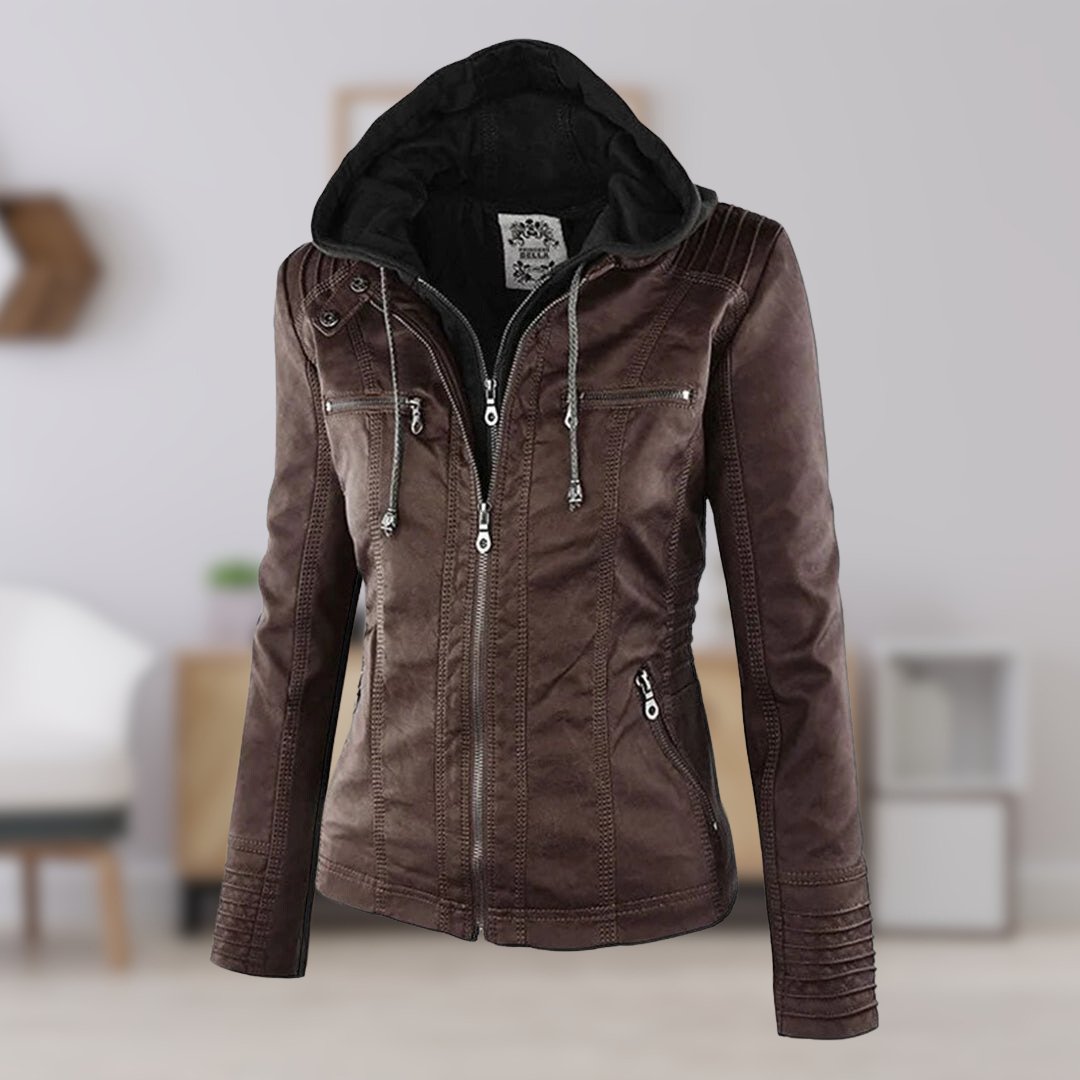 Logan – Leather-Look Hooded Moto Jacket with Removable Hood