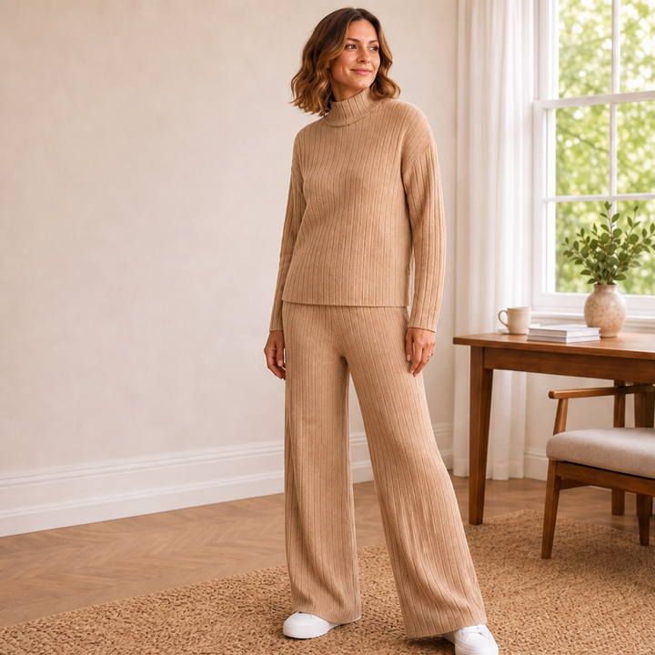 Carys – Women's Ribbed Turtleneck Sweater Set with Wide-Leg Pants