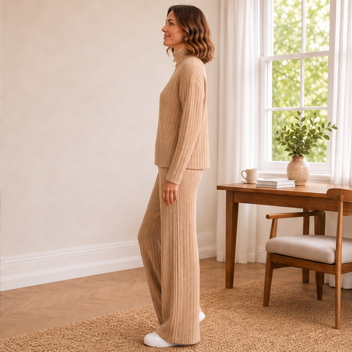 Carys – Women's Ribbed Turtleneck Sweater Set with Wide-Leg Pants