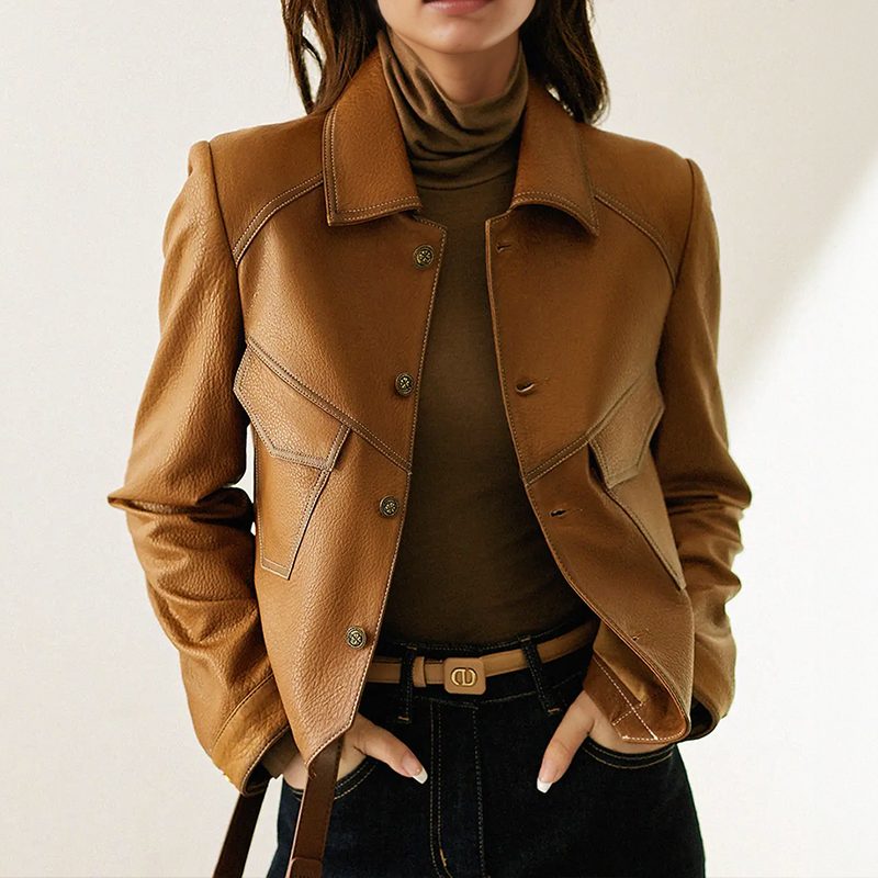 Vintage Leather Jacket with Button Front for Women - View 2
