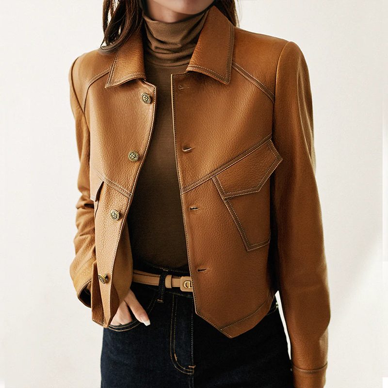 Vintage Leather Jacket with Button Front for Women
