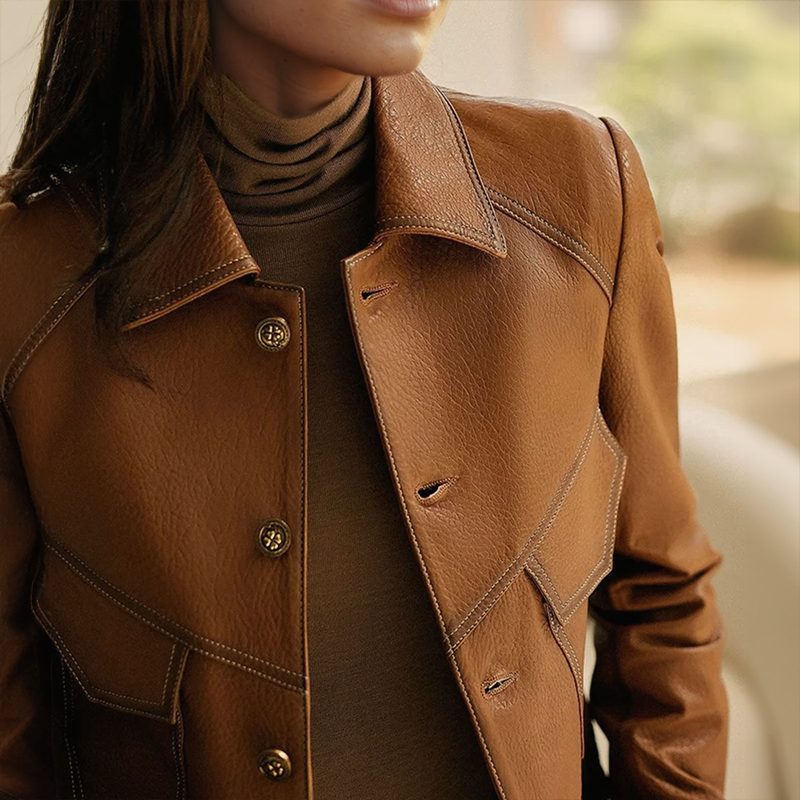 Vintage Leather Jacket with Button Front for Women - View 3