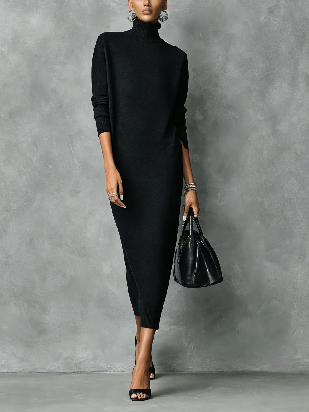 Catriona – Women's Turtleneck Midi Sweater Dress with Side Slits