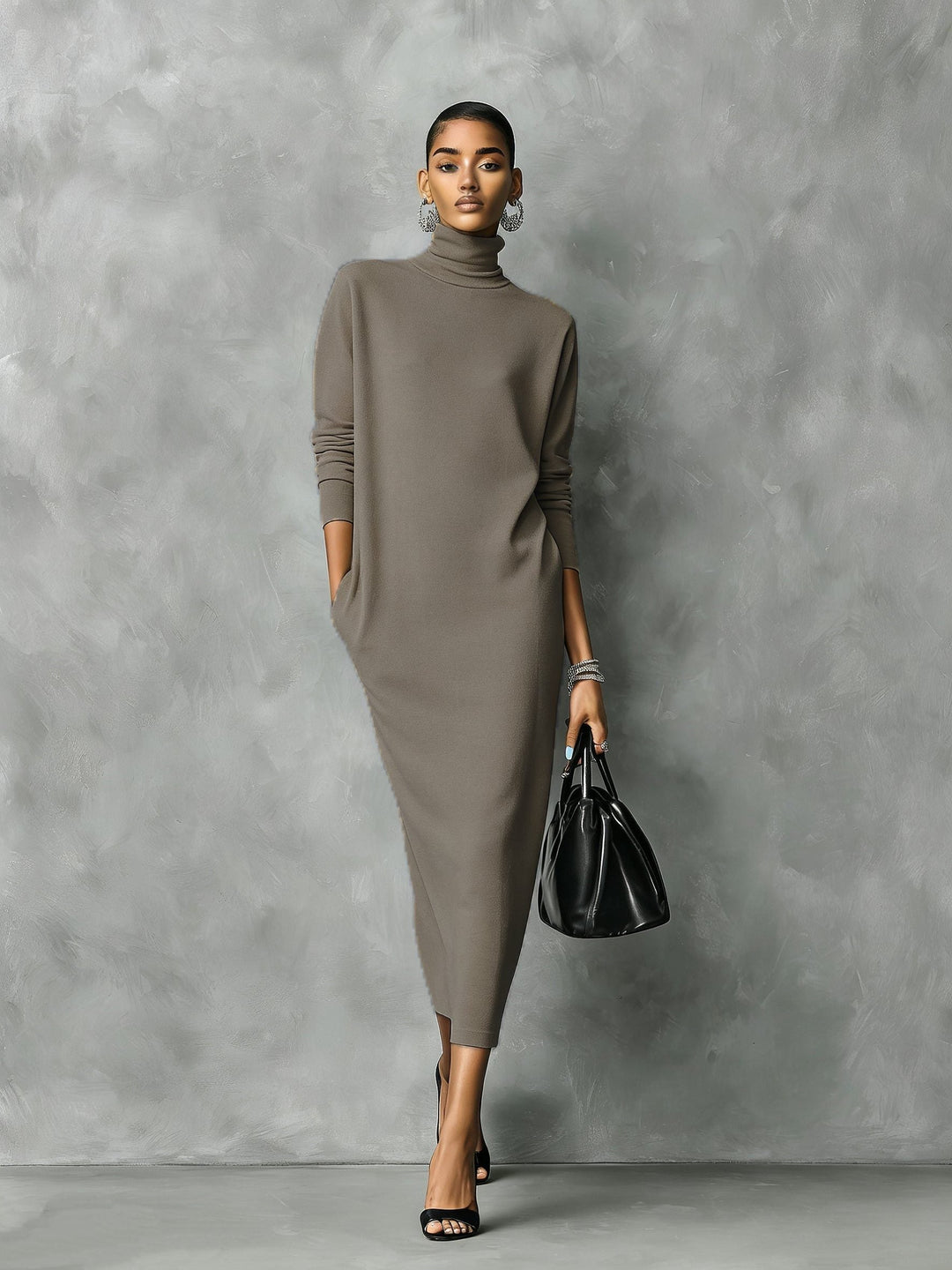 Catriona – Women's Turtleneck Midi Sweater Dress with Side Slits