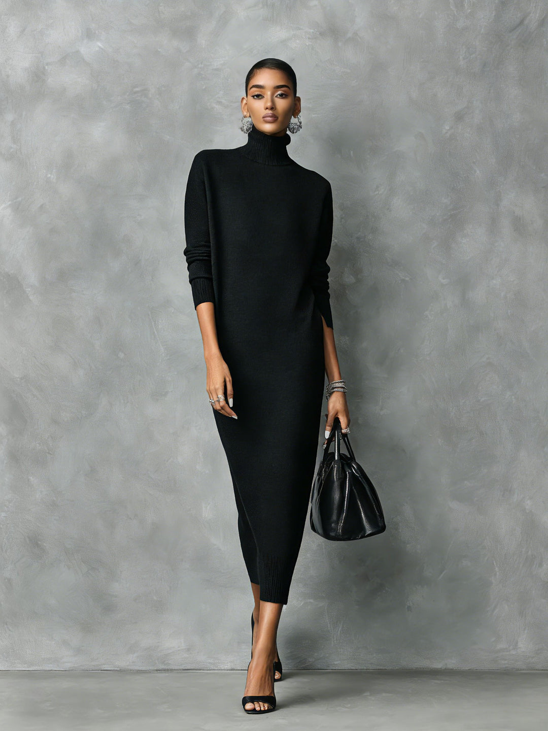 Catriona – Women's Turtleneck Midi Sweater Dress with Side Slits