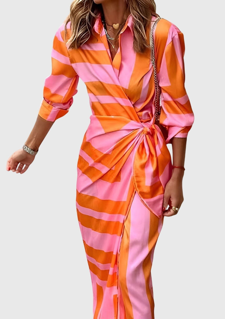 Marlene – Long-Sleeve Collared Wrap Midi Dress