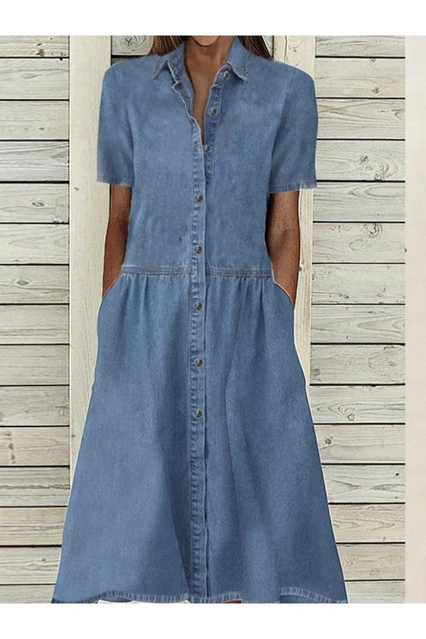 Zelda – Denim-Look Button-Down Shirt Dress with Pockets