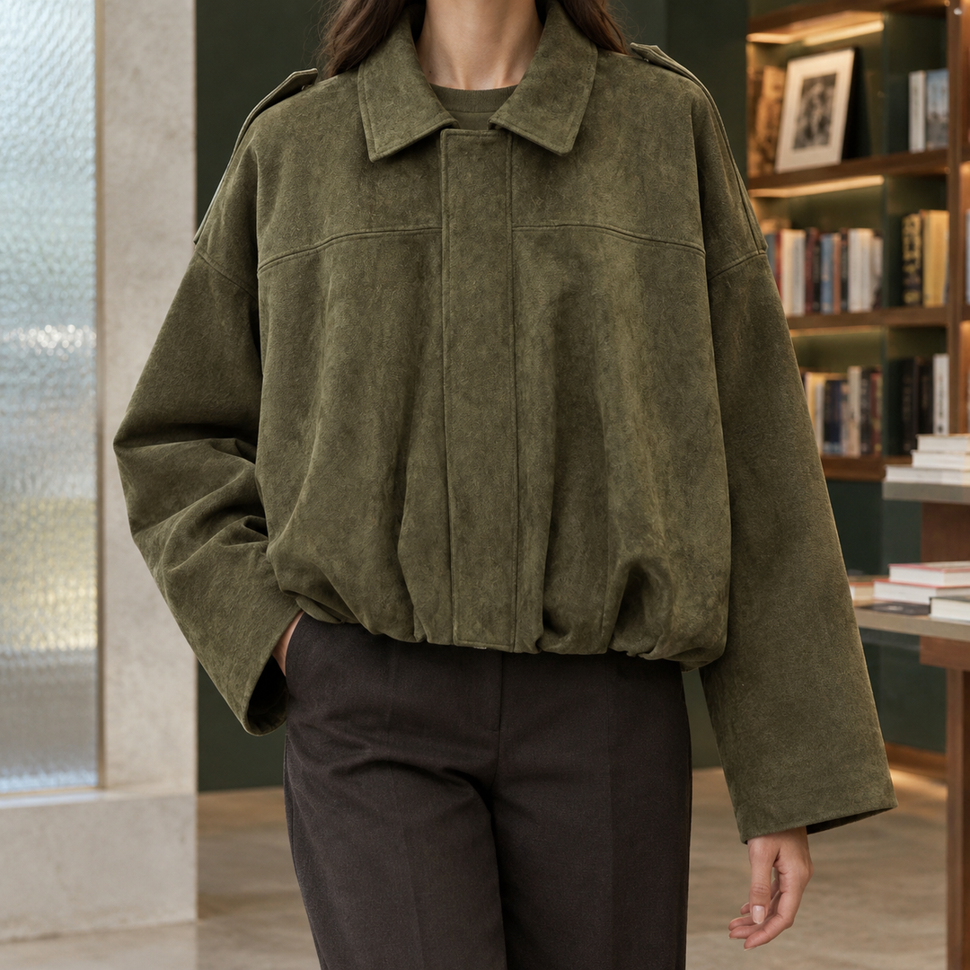 Celina – Women's Oversized Suede-Look Bomber Jacket with Gathered Hem