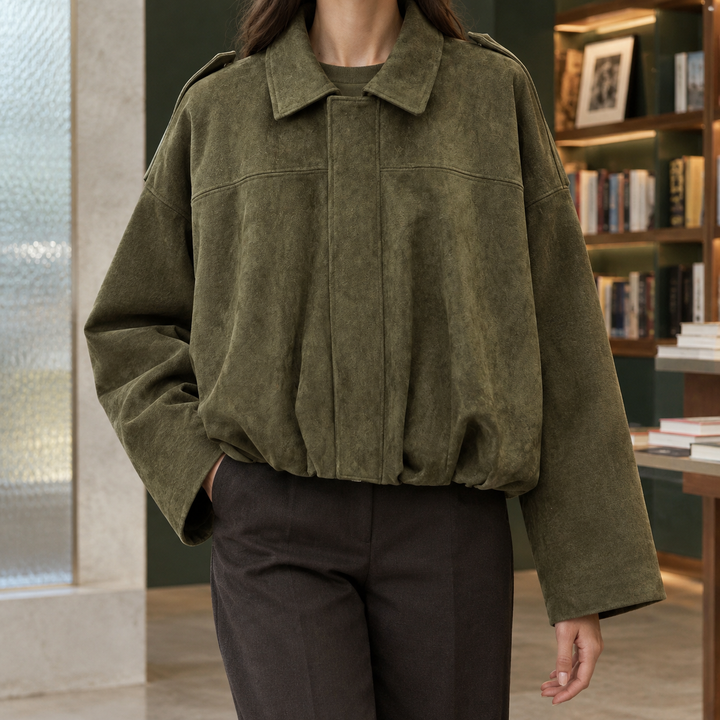 Celina – Women's Oversized Suede-Look Bomber Jacket with Gathered Hem