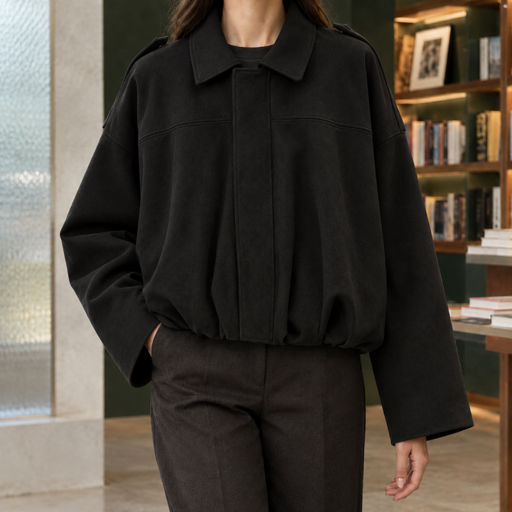 Celina – Women's Oversized Suede-Look Bomber Jacket with Gathered Hem