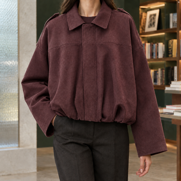 Celina – Women's Oversized Suede-Look Bomber Jacket with Gathered Hem