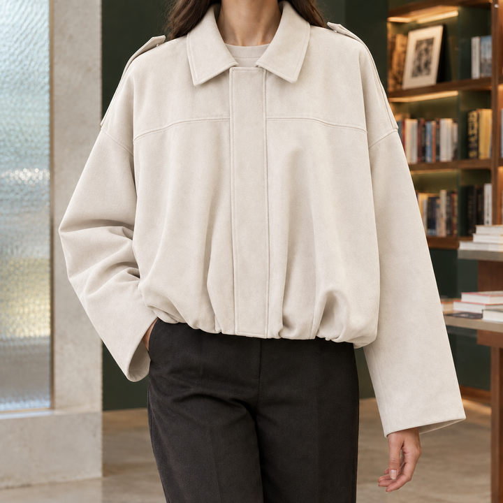 Celina – Women's Oversized Suede-Look Bomber Jacket with Gathered Hem