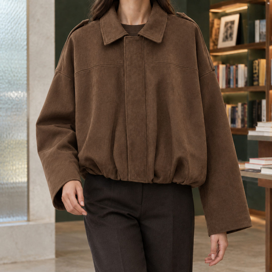 Celina – Women's Oversized Suede-Look Bomber Jacket with Gathered Hem