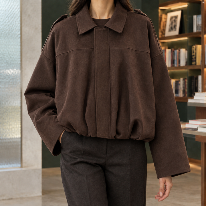 Celina – Women's Oversized Suede-Look Bomber Jacket with Gathered Hem