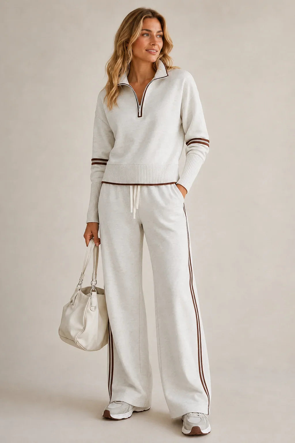 Clover – Women's Quarter-Zip Striped Sweater Set with Wide-Leg Pants