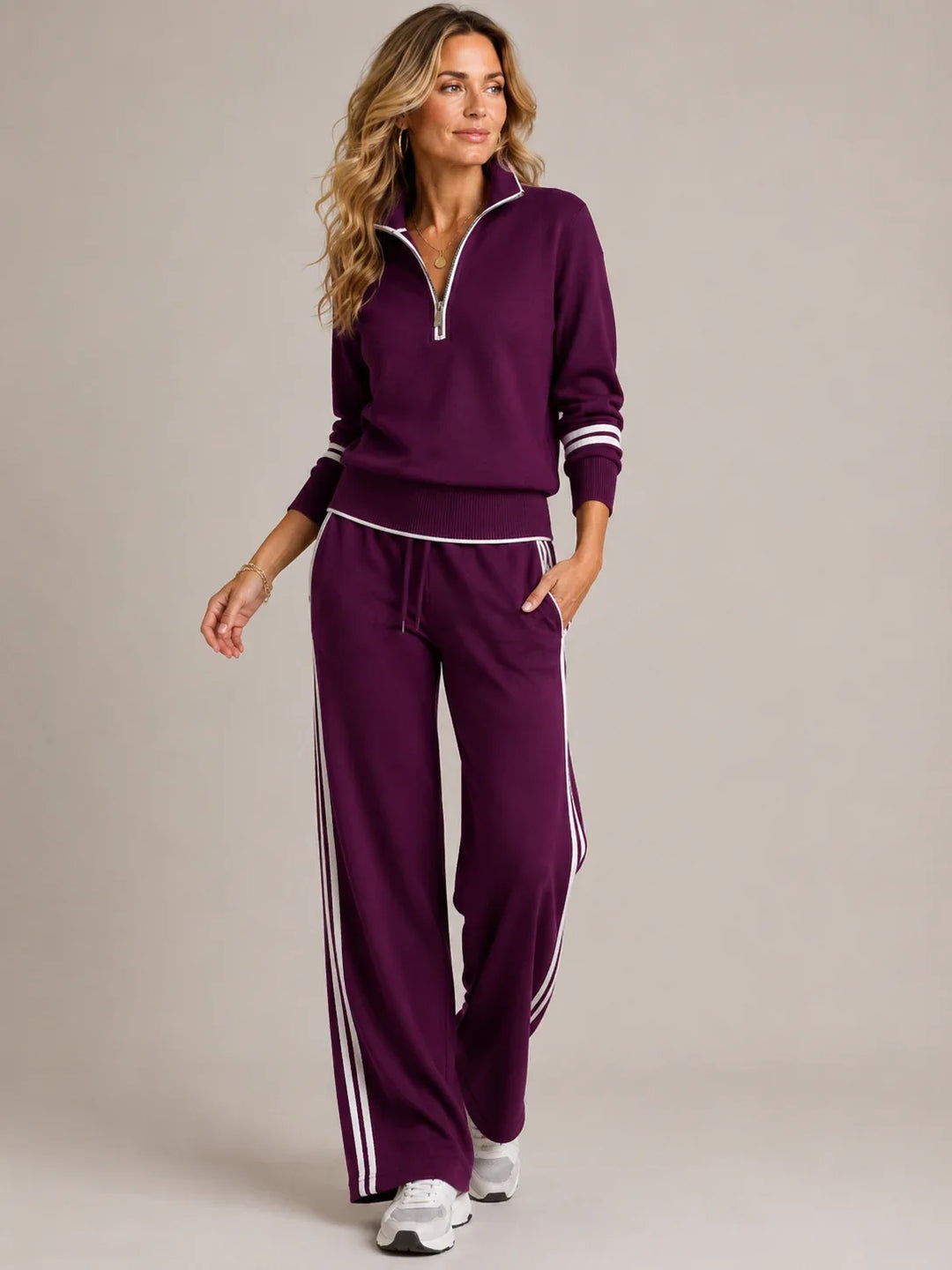Clover – Women's Quarter-Zip Striped Sweater Set with Wide-Leg Pants