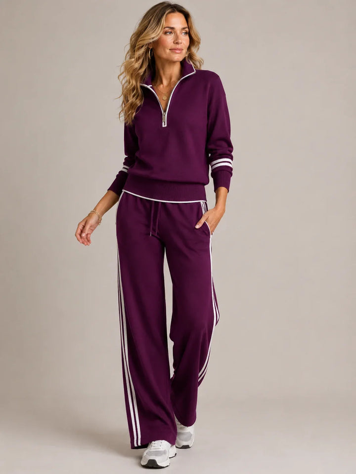 Clover – Women's Quarter-Zip Striped Sweater Set with Wide-Leg Pants