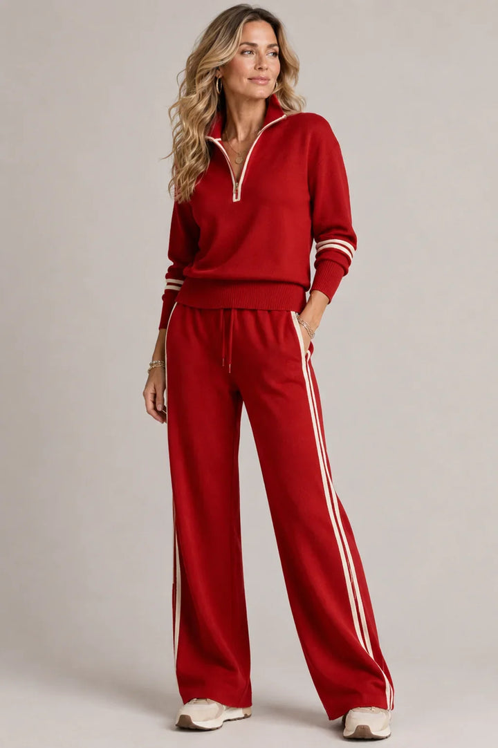 Clover – Women's Quarter-Zip Striped Sweater Set with Wide-Leg Pants
