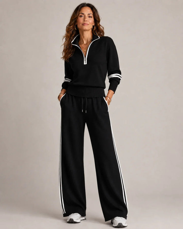 Clover – Women's Quarter-Zip Striped Sweater Set with Wide-Leg Pants