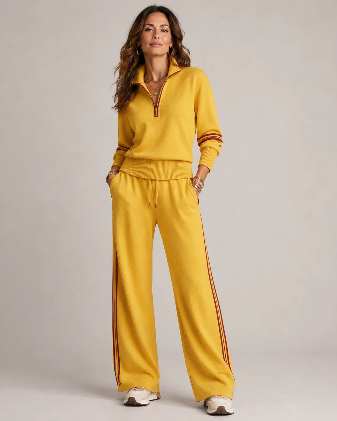 Clover – Women's Quarter-Zip Striped Sweater Set with Wide-Leg Pants