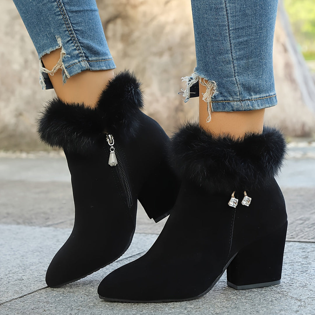 Corinthia | Women's Fur Trim Block Heel Ankle Boots - Black - Image 1