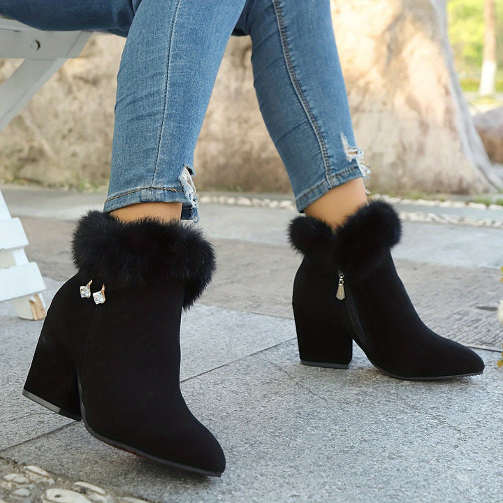 Corinthia | Women's Fur Trim Block Heel Ankle Boots - Black - Image 10
