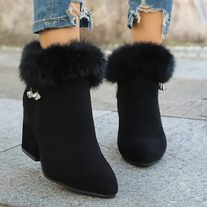 Corinthia | Women's Fur Trim Block Heel Ankle Boots - Black - Image 11