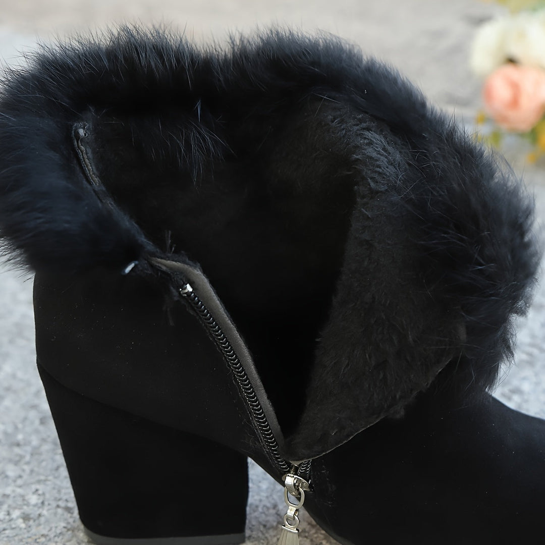 Corinthia | Women's Fur Trim Block Heel Ankle Boots - Black - Image 12