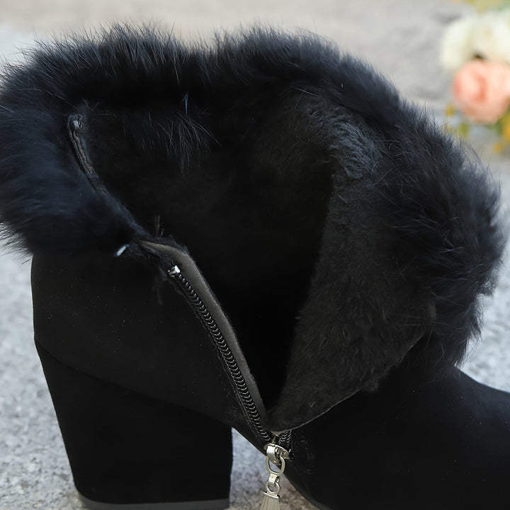 Corinthia | Women's Fur Trim Block Heel Ankle Boots - Black - Image 12
