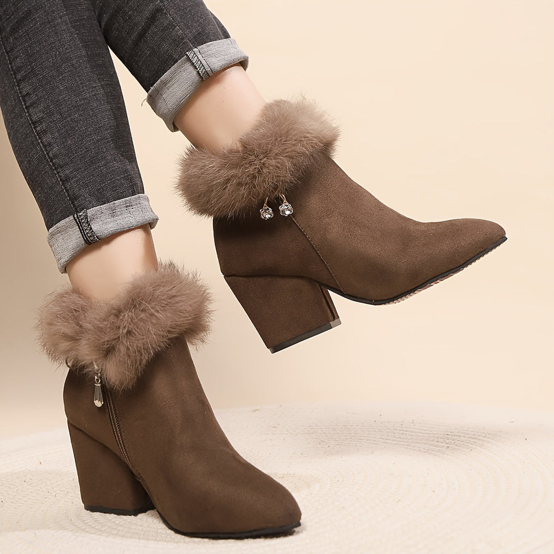 Corinthia | Women's Fur Trim Block Heel Ankle Boots - Black - Image 13