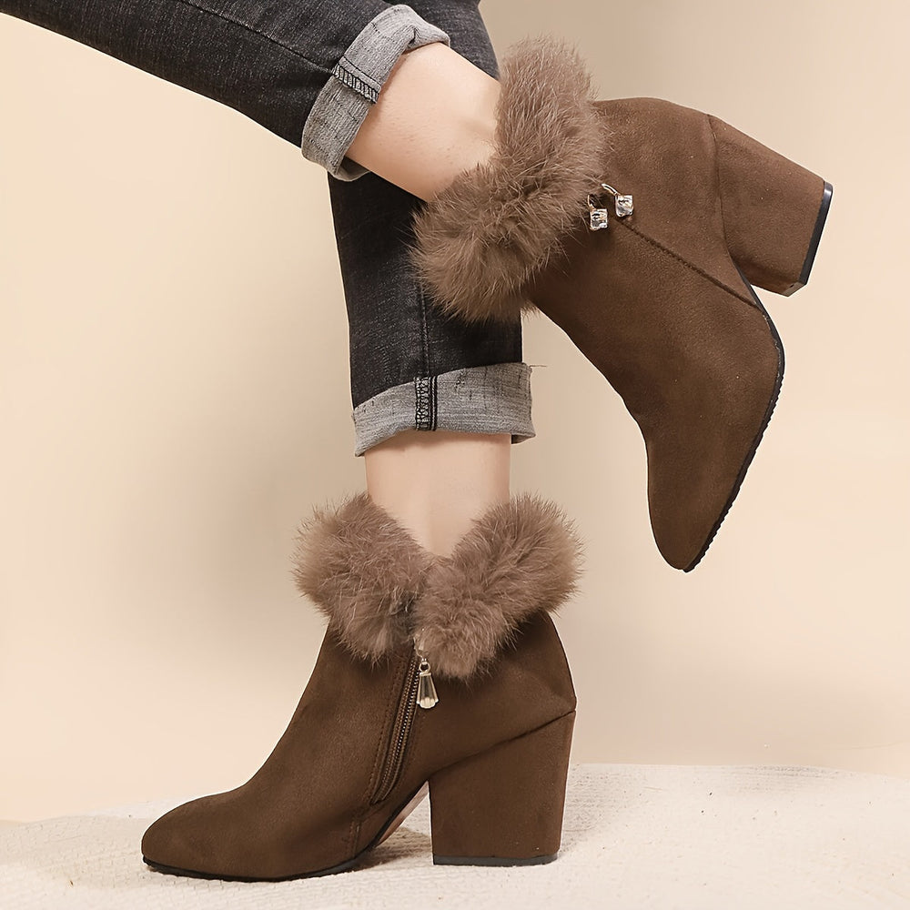 Corinthia | Women's Fur Trim Block Heel Ankle Boots - Black - Image 2