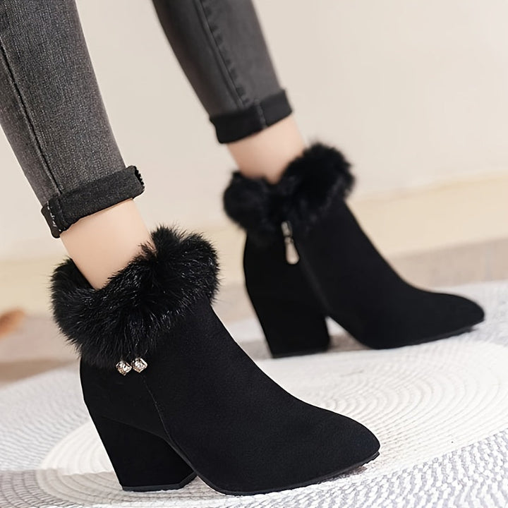 Corinthia | Women's Fur Trim Block Heel Ankle Boots - Black - Image 3