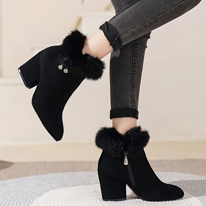 Corinthia | Women's Fur Trim Block Heel Ankle Boots - Black - Image 4