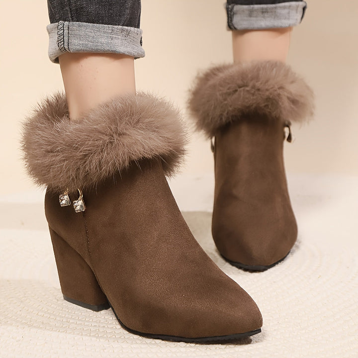 Corinthia | Women's Fur Trim Block Heel Ankle Boots - Black - Image 6