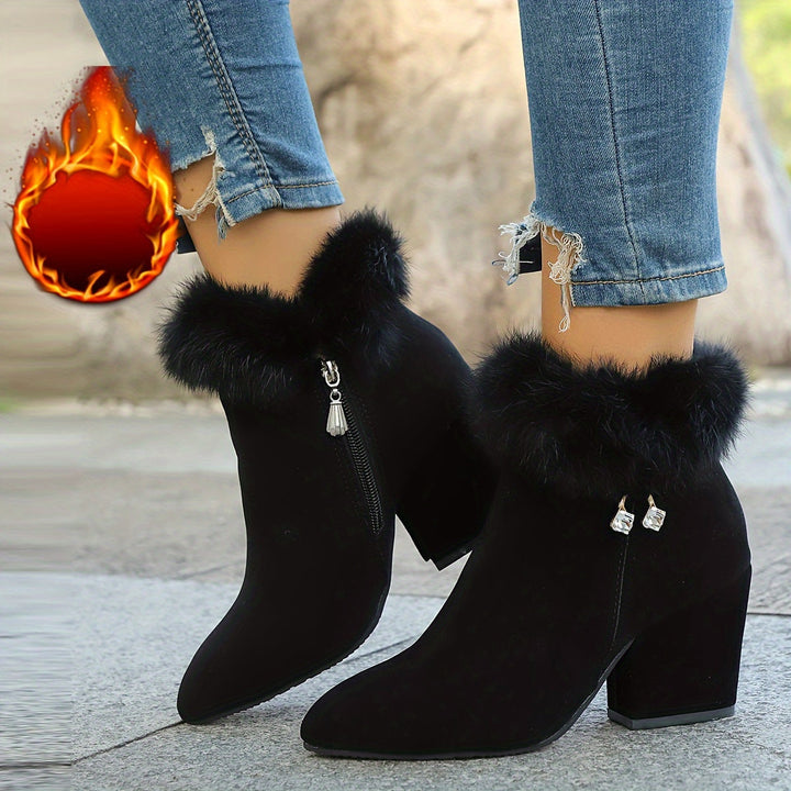 Corinthia | Women's Fur Trim Block Heel Ankle Boots - Black - Image 8